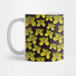 Green Orchid Pattern on Black Background with Red Watercolor Splatter Mug